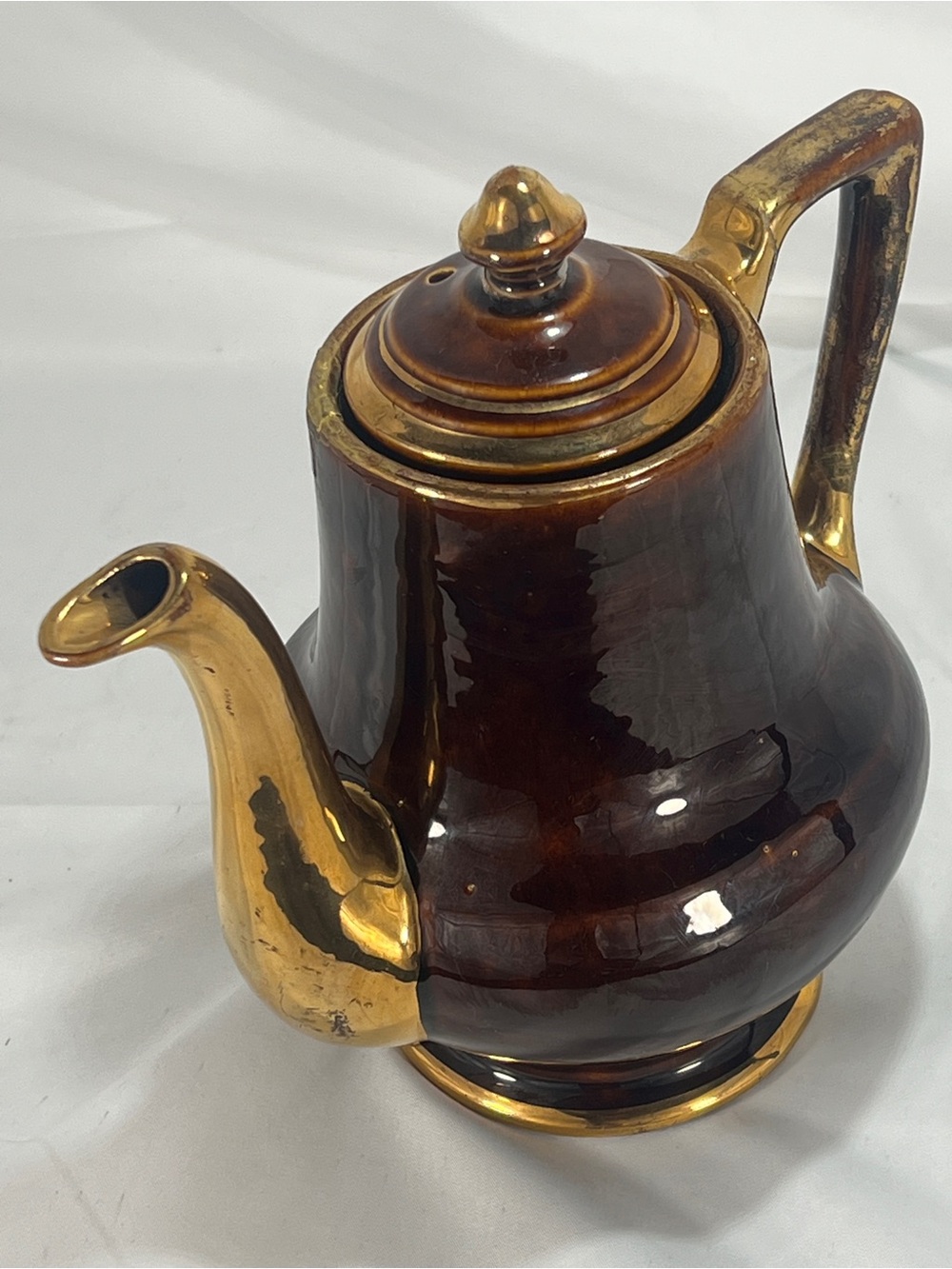Vintage Fraunfelter Thermo-Proof Coffee Pot Brown Drip Glaze Gold Trim Repaired